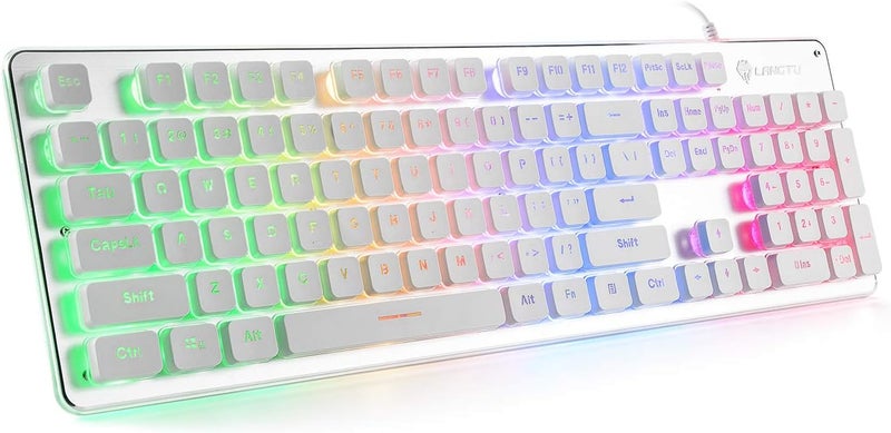 LANGTU Membrane Gaming Keyboard, Rainbow LED Backlit Quiet Keyboard for Office, USB Wired All-Metal Panel 25 Keys Anti-ghosting Computer Keyboard 104 Keys - L1 White/Silver - Image 1